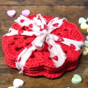 Red Boho Crochet Coasters Set 4 Farmhouse Cottage Decor Mug Rugs Cotton